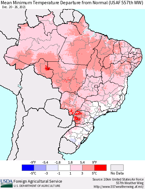 Brazil Mean Minimum Temperature Departure from Normal (USAF 557th WW) Thematic Map For 12/20/2021 - 12/26/2021