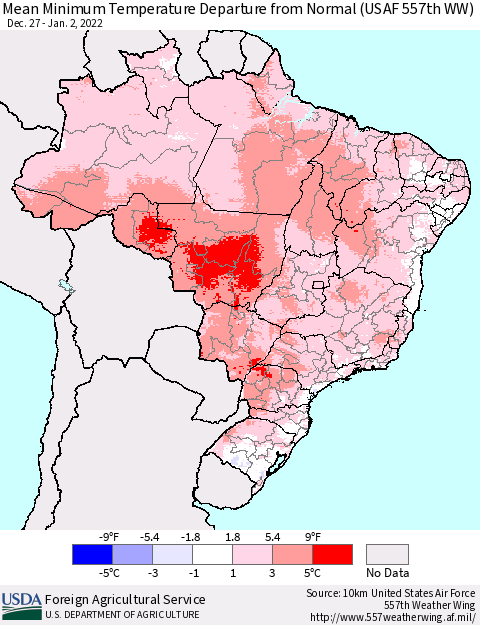 Brazil Mean Minimum Temperature Departure from Normal (USAF 557th WW) Thematic Map For 12/27/2021 - 1/2/2022