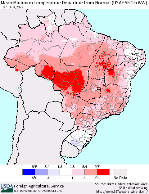 Brazil Mean Minimum Temperature Departure from Normal (USAF 557th WW) Thematic Map For 1/3/2022 - 1/9/2022