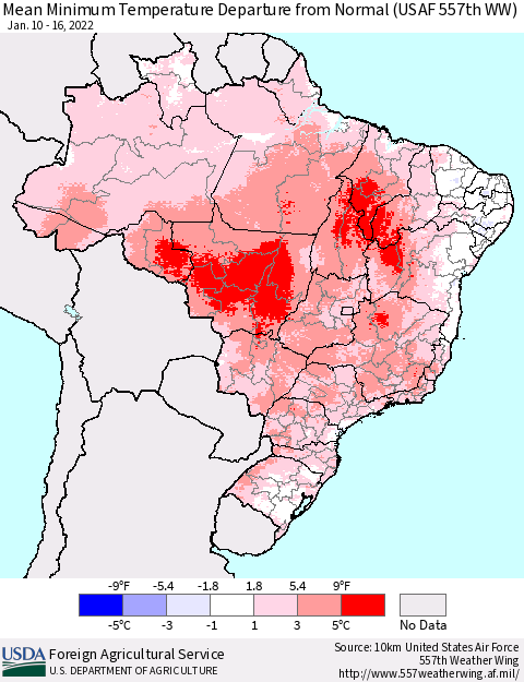 Brazil Mean Minimum Temperature Departure from Normal (USAF 557th WW) Thematic Map For 1/10/2022 - 1/16/2022