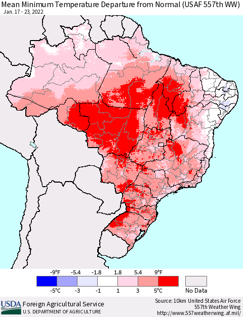 Brazil Mean Minimum Temperature Departure from Normal (USAF 557th WW) Thematic Map For 1/17/2022 - 1/23/2022