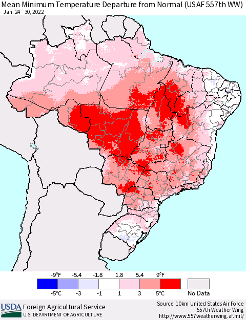 Brazil Mean Minimum Temperature Departure from Normal (USAF 557th WW) Thematic Map For 1/24/2022 - 1/30/2022