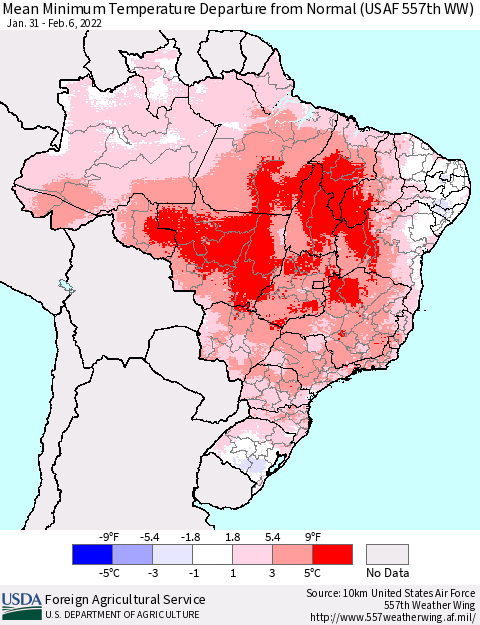 Brazil Mean Minimum Temperature Departure from Normal (USAF 557th WW) Thematic Map For 1/31/2022 - 2/6/2022