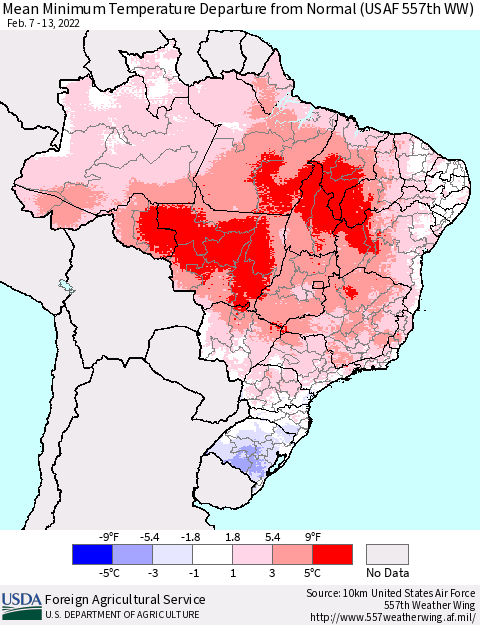 Brazil Mean Minimum Temperature Departure from Normal (USAF 557th WW) Thematic Map For 2/7/2022 - 2/13/2022