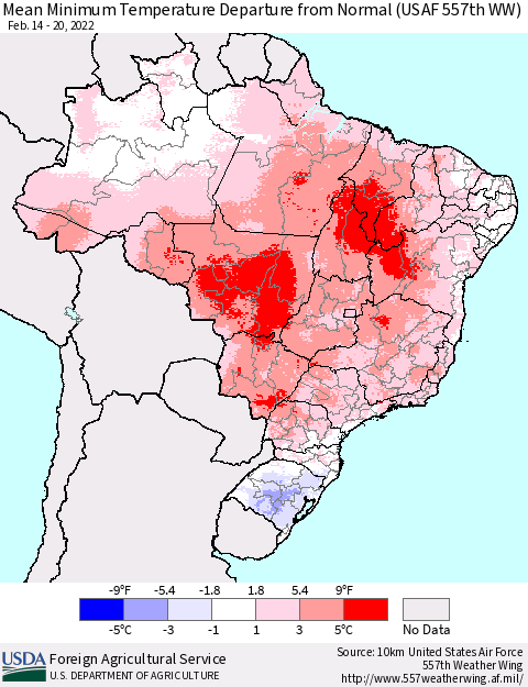 Brazil Mean Minimum Temperature Departure from Normal (USAF 557th WW) Thematic Map For 2/14/2022 - 2/20/2022