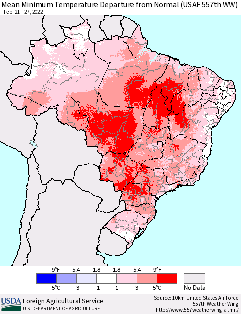 Brazil Mean Minimum Temperature Departure from Normal (USAF 557th WW) Thematic Map For 2/21/2022 - 2/27/2022
