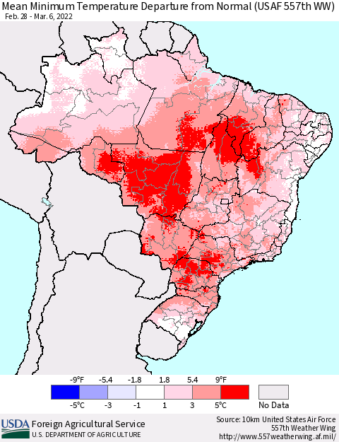 Brazil Mean Minimum Temperature Departure from Normal (USAF 557th WW) Thematic Map For 2/28/2022 - 3/6/2022