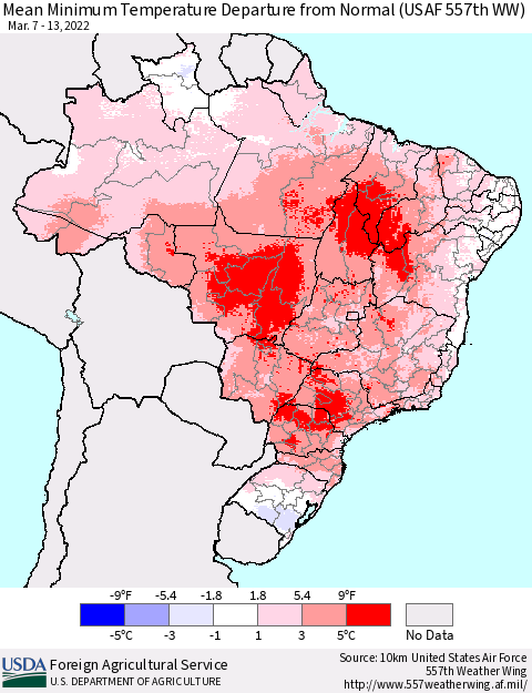 Brazil Mean Minimum Temperature Departure from Normal (USAF 557th WW) Thematic Map For 3/7/2022 - 3/13/2022