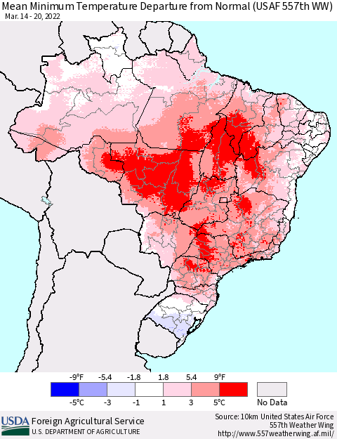 Brazil Mean Minimum Temperature Departure from Normal (USAF 557th WW) Thematic Map For 3/14/2022 - 3/20/2022