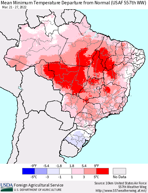 Brazil Mean Minimum Temperature Departure from Normal (USAF 557th WW) Thematic Map For 3/21/2022 - 3/27/2022