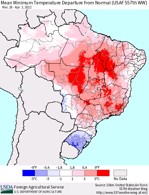 Brazil Mean Minimum Temperature Departure from Normal (USAF 557th WW) Thematic Map For 3/28/2022 - 4/3/2022