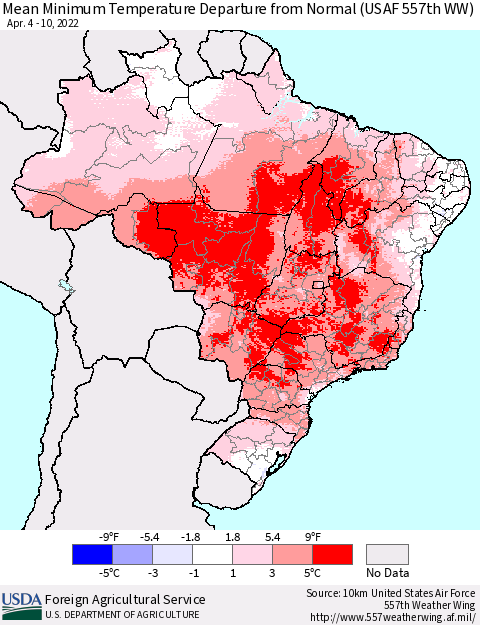 Brazil Mean Minimum Temperature Departure from Normal (USAF 557th WW) Thematic Map For 4/4/2022 - 4/10/2022