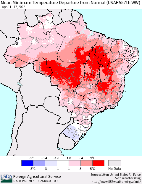 Brazil Mean Minimum Temperature Departure from Normal (USAF 557th WW) Thematic Map For 4/11/2022 - 4/17/2022