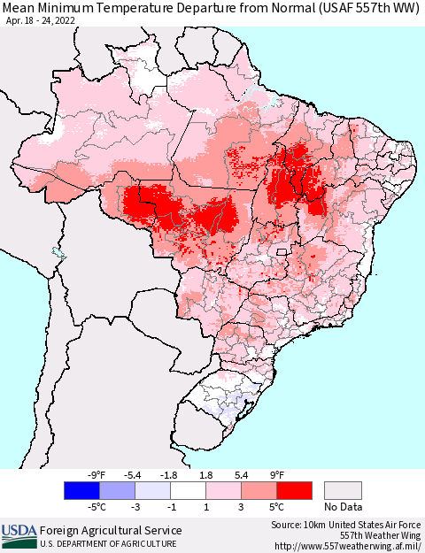 Brazil Mean Minimum Temperature Departure from Normal (USAF 557th WW) Thematic Map For 4/18/2022 - 4/24/2022