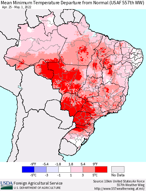 Brazil Mean Minimum Temperature Departure from Normal (USAF 557th WW) Thematic Map For 4/25/2022 - 5/1/2022