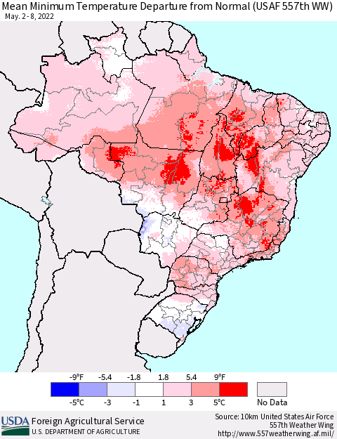 Brazil Mean Minimum Temperature Departure from Normal (USAF 557th WW) Thematic Map For 5/2/2022 - 5/8/2022
