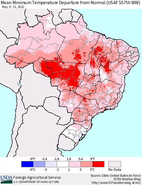 Brazil Mean Minimum Temperature Departure from Normal (USAF 557th WW) Thematic Map For 5/9/2022 - 5/15/2022