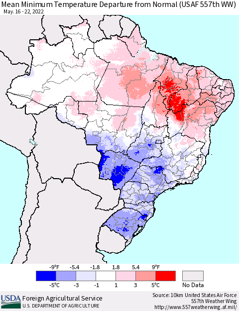 Brazil Mean Minimum Temperature Departure from Normal (USAF 557th WW) Thematic Map For 5/16/2022 - 5/22/2022