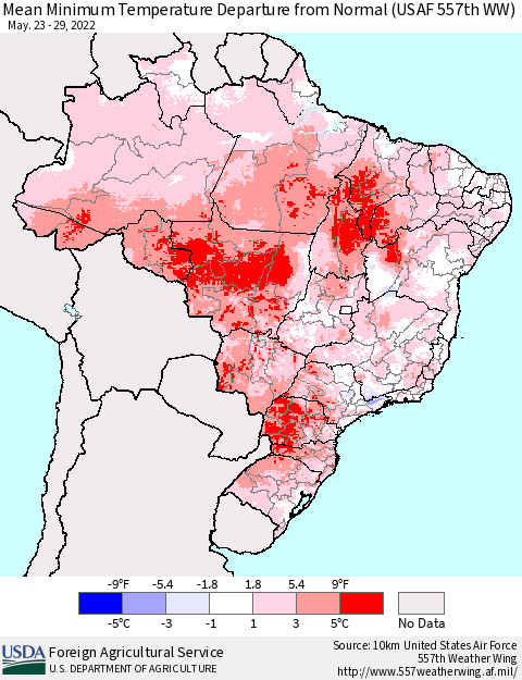 Brazil Mean Minimum Temperature Departure from Normal (USAF 557th WW) Thematic Map For 5/23/2022 - 5/29/2022