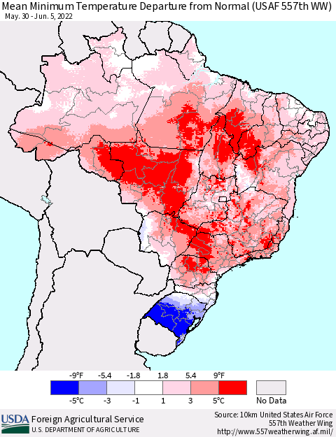Brazil Mean Minimum Temperature Departure from Normal (USAF 557th WW) Thematic Map For 5/30/2022 - 6/5/2022