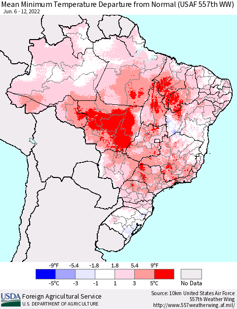 Brazil Mean Minimum Temperature Departure from Normal (USAF 557th WW) Thematic Map For 6/6/2022 - 6/12/2022