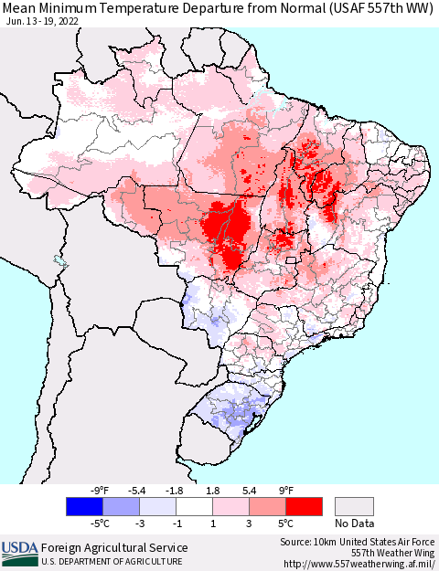 Brazil Mean Minimum Temperature Departure from Normal (USAF 557th WW) Thematic Map For 6/13/2022 - 6/19/2022