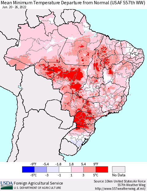 Brazil Mean Minimum Temperature Departure from Normal (USAF 557th WW) Thematic Map For 6/20/2022 - 6/26/2022