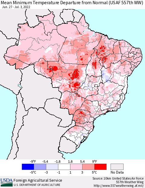Brazil Mean Minimum Temperature Departure from Normal (USAF 557th WW) Thematic Map For 6/27/2022 - 7/3/2022