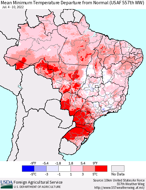 Brazil Mean Minimum Temperature Departure from Normal (USAF 557th WW) Thematic Map For 7/4/2022 - 7/10/2022