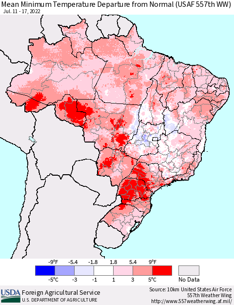 Brazil Mean Minimum Temperature Departure from Normal (USAF 557th WW) Thematic Map For 7/11/2022 - 7/17/2022