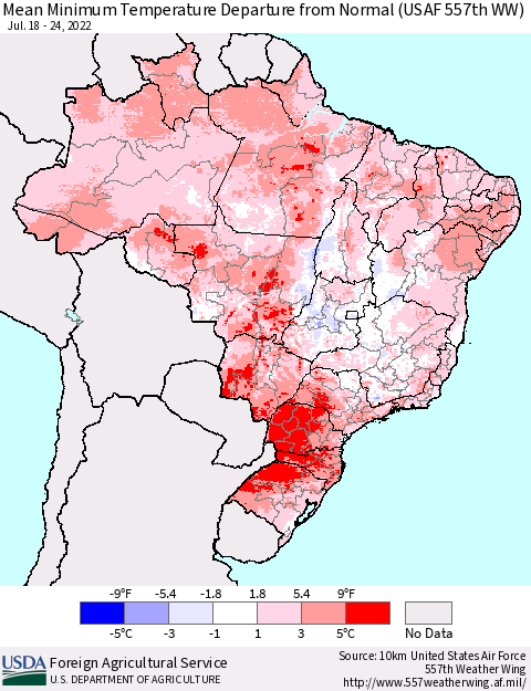 Brazil Mean Minimum Temperature Departure from Normal (USAF 557th WW) Thematic Map For 7/18/2022 - 7/24/2022