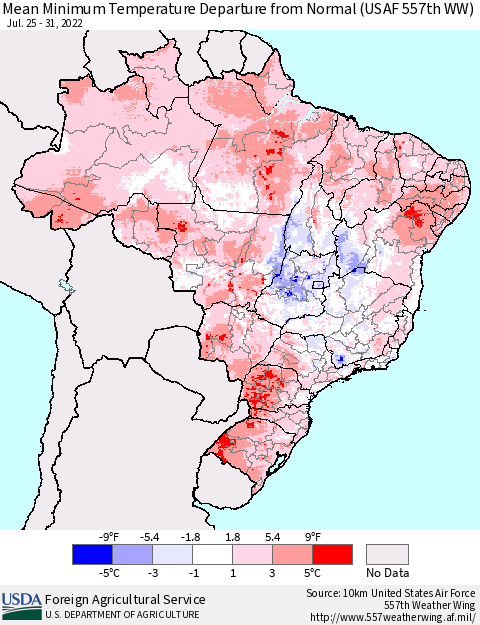 Brazil Mean Minimum Temperature Departure from Normal (USAF 557th WW) Thematic Map For 7/25/2022 - 7/31/2022