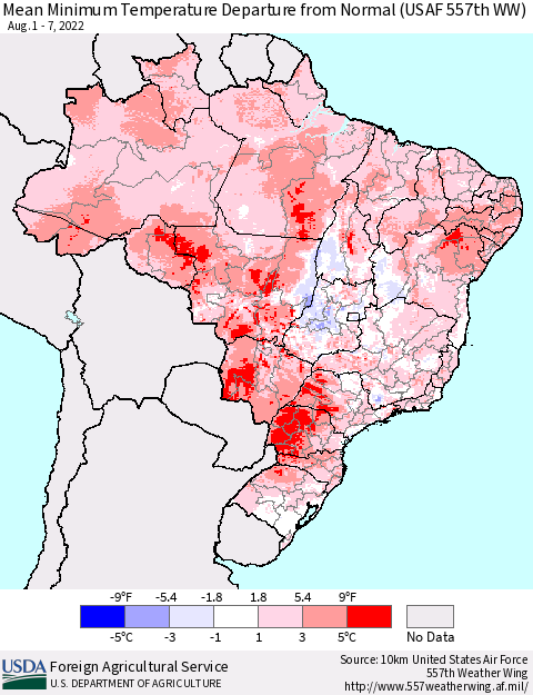 Brazil Mean Minimum Temperature Departure from Normal (USAF 557th WW) Thematic Map For 8/1/2022 - 8/7/2022