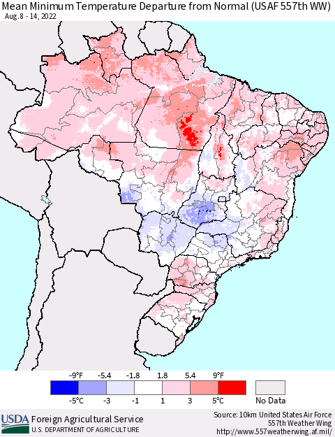 Brazil Mean Minimum Temperature Departure from Normal (USAF 557th WW) Thematic Map For 8/8/2022 - 8/14/2022