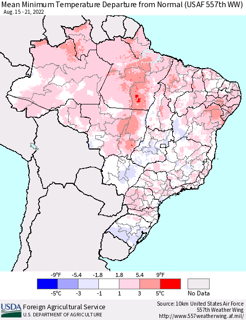 Brazil Mean Minimum Temperature Departure from Normal (USAF 557th WW) Thematic Map For 8/15/2022 - 8/21/2022