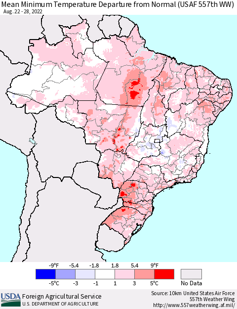 Brazil Mean Minimum Temperature Departure from Normal (USAF 557th WW) Thematic Map For 8/22/2022 - 8/28/2022