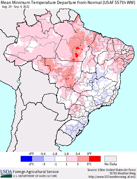Brazil Mean Minimum Temperature Departure from Normal (USAF 557th WW) Thematic Map For 8/29/2022 - 9/4/2022