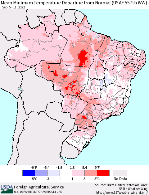 Brazil Mean Minimum Temperature Departure from Normal (USAF 557th WW) Thematic Map For 9/5/2022 - 9/11/2022