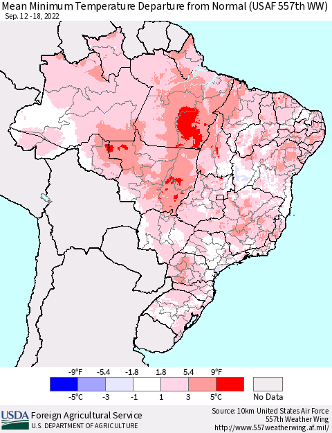 Brazil Mean Minimum Temperature Departure from Normal (USAF 557th WW) Thematic Map For 9/12/2022 - 9/18/2022