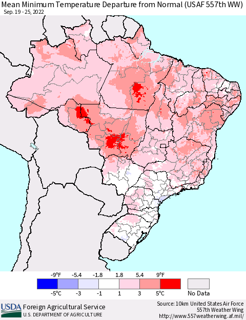 Brazil Mean Minimum Temperature Departure from Normal (USAF 557th WW) Thematic Map For 9/19/2022 - 9/25/2022