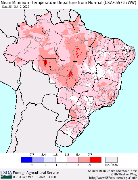 Brazil Mean Minimum Temperature Departure from Normal (USAF 557th WW) Thematic Map For 9/26/2022 - 10/2/2022