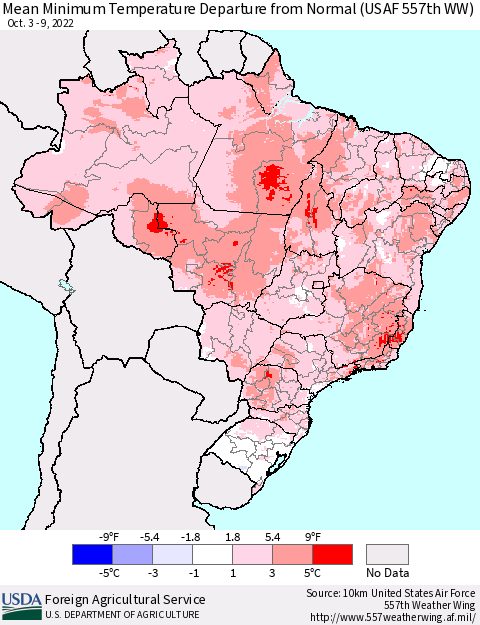 Brazil Mean Minimum Temperature Departure from Normal (USAF 557th WW) Thematic Map For 10/3/2022 - 10/9/2022