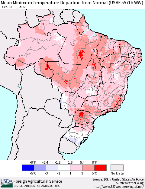 Brazil Mean Minimum Temperature Departure from Normal (USAF 557th WW) Thematic Map For 10/10/2022 - 10/16/2022