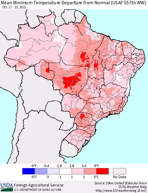 Brazil Mean Minimum Temperature Departure from Normal (USAF 557th WW) Thematic Map For 10/17/2022 - 10/23/2022