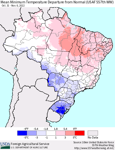 Brazil Mean Minimum Temperature Departure from Normal (USAF 557th WW) Thematic Map For 10/31/2022 - 11/6/2022