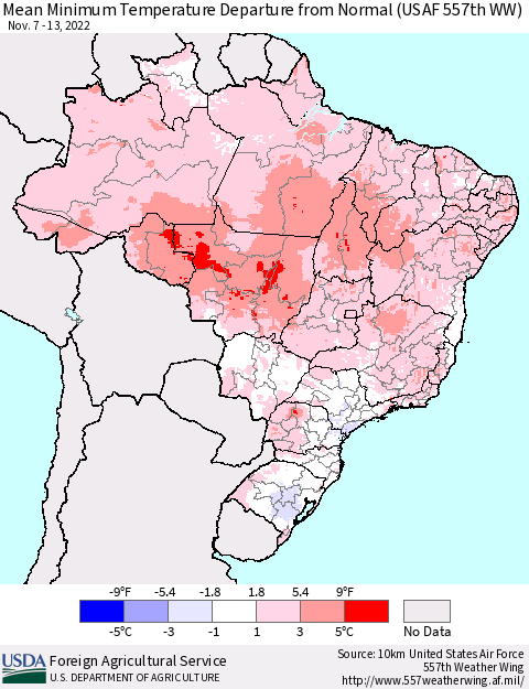 Brazil Mean Minimum Temperature Departure from Normal (USAF 557th WW) Thematic Map For 11/7/2022 - 11/13/2022