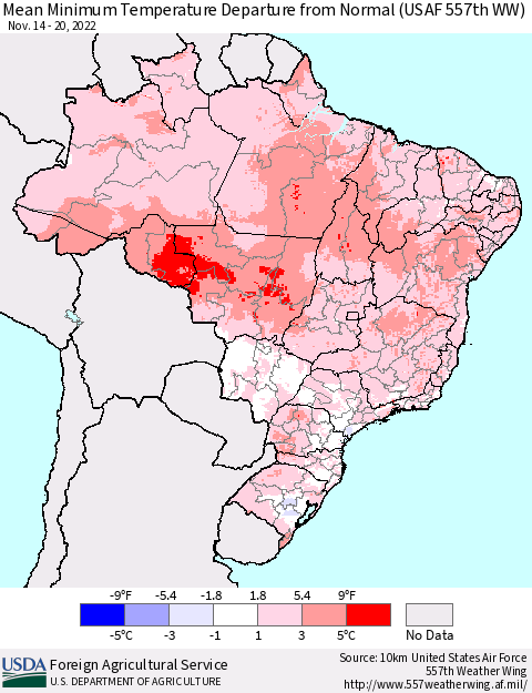 Brazil Mean Minimum Temperature Departure from Normal (USAF 557th WW) Thematic Map For 11/14/2022 - 11/20/2022