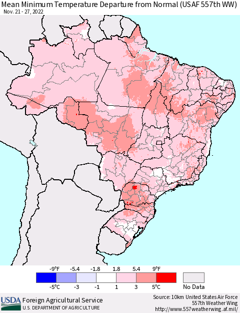 Brazil Mean Minimum Temperature Departure from Normal (USAF 557th WW) Thematic Map For 11/21/2022 - 11/27/2022