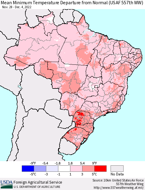 Brazil Mean Minimum Temperature Departure from Normal (USAF 557th WW) Thematic Map For 11/28/2022 - 12/4/2022