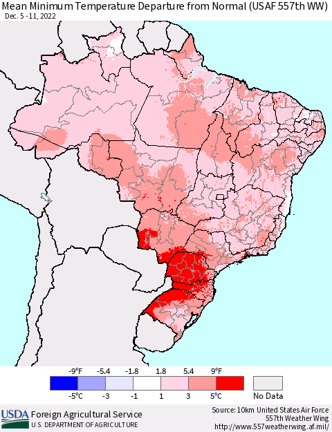 Brazil Mean Minimum Temperature Departure from Normal (USAF 557th WW) Thematic Map For 12/5/2022 - 12/11/2022